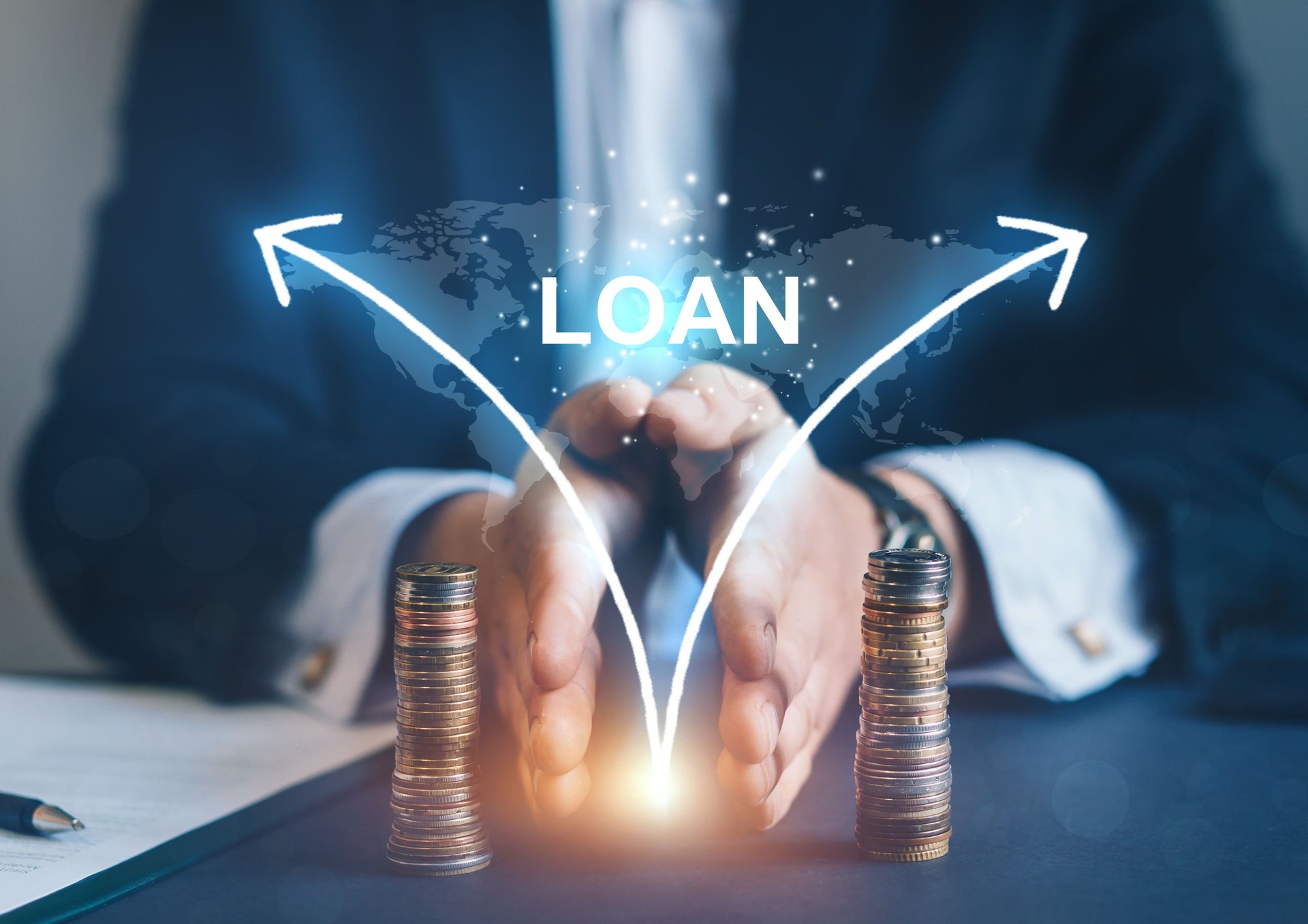 Businessman separates stack coins. International creditor legal services. International loan transaction concept.