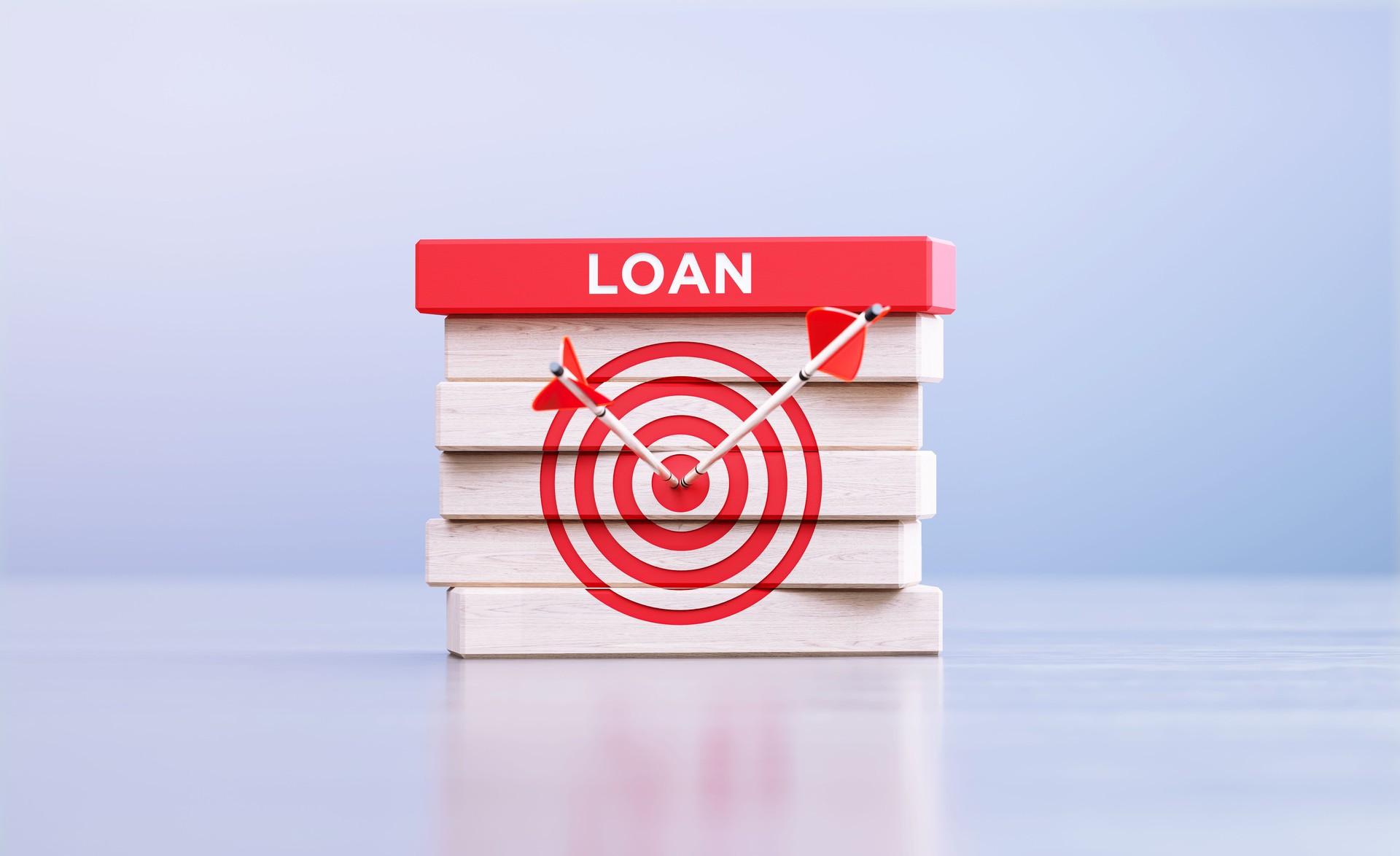 Loan Concept - Arrows Hitting Bull's Eye Target Symbol And The Loan Word Wood Blocks In Front Defocused Background